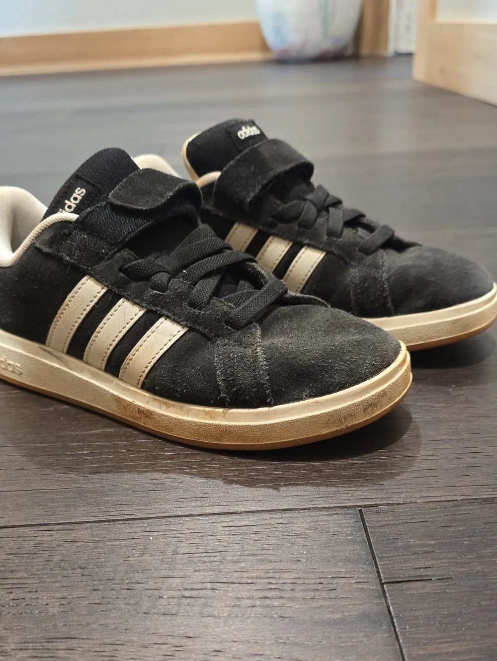 adidas Kids Black Suede Sneakers with Cream Stripes and Sole